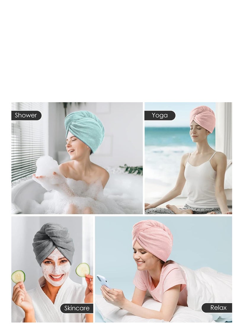 TENSTARS 5 Pack Thicken Microfiber Hair Towel Wrap for Women - ELASTIC LOOP DESIGN - 320GSM Coral Velvet - Quick Dry Hair Turban - 11x28 Inch (Grey+Pink+Brown+FrozenBlue+FrozenBerry)