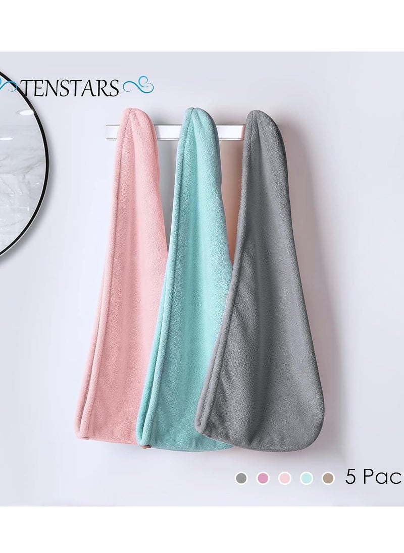 TENSTARS 5 Pack Thicken Microfiber Hair Towel Wrap for Women - ELASTIC LOOP DESIGN - 320GSM Coral Velvet - Quick Dry Hair Turban - 11x28 Inch (Grey+Pink+Brown+FrozenBlue+FrozenBerry)