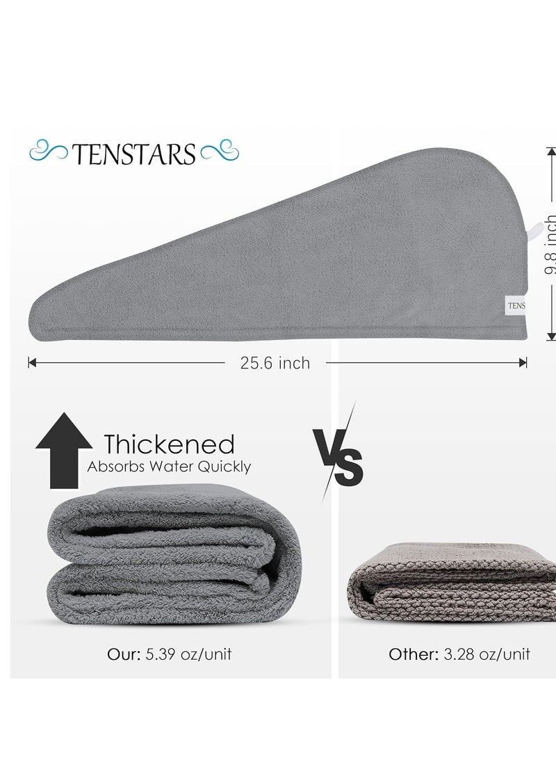 TENSTARS 5 Pack Thicken Microfiber Hair Towel Wrap for Women - ELASTIC LOOP DESIGN - 320GSM Coral Velvet - Quick Dry Hair Turban - 11x28 Inch (Grey+Pink+Brown+FrozenBlue+FrozenBerry)