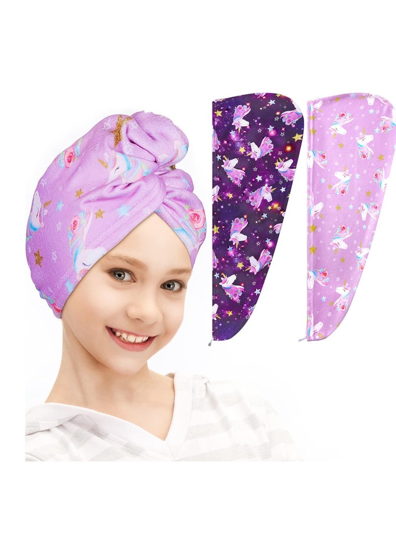 FIOBEE Microfiber Hair Towel Wrap for Kid Rapid Drying Towel Absorbent Hair Turbans for Wet Hair with Button Women Girls Long Curly Hair Pack of 2, Purple