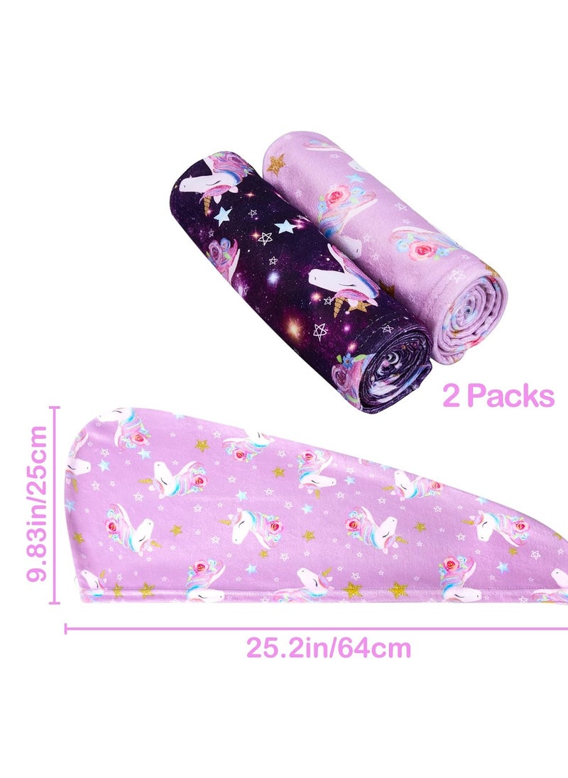 FIOBEE Microfiber Hair Towel Wrap for Kid Rapid Drying Towel Absorbent Hair Turbans for Wet Hair with Button Women Girls Long Curly Hair Pack of 2, Purple