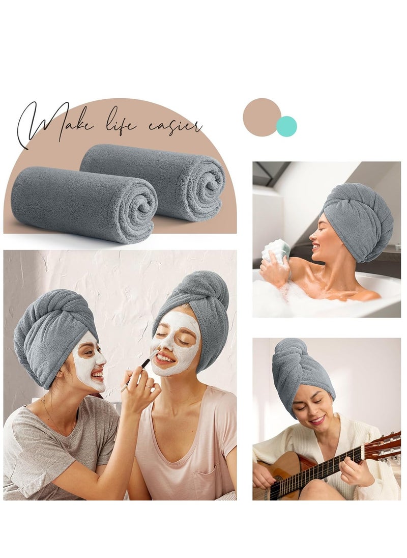 YFONG Microfiber Hair Towel Wrap for Women Curly Long Hair, 2 Pack Super Absorbent Hair Plopping Towel Curly for Wet Hair, Super Soft Hair Drying Towel Wrap with Button Gray