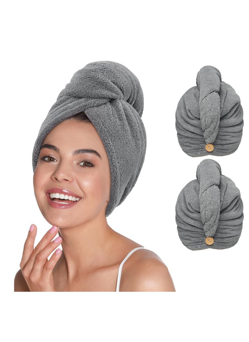 YFONG Microfiber Hair Towel Wrap for Women Curly Long Hair, 2 Pack Super Absorbent Hair Plopping Towel Curly for Wet Hair, Super Soft Hair Drying Towel Wrap with Button Gray