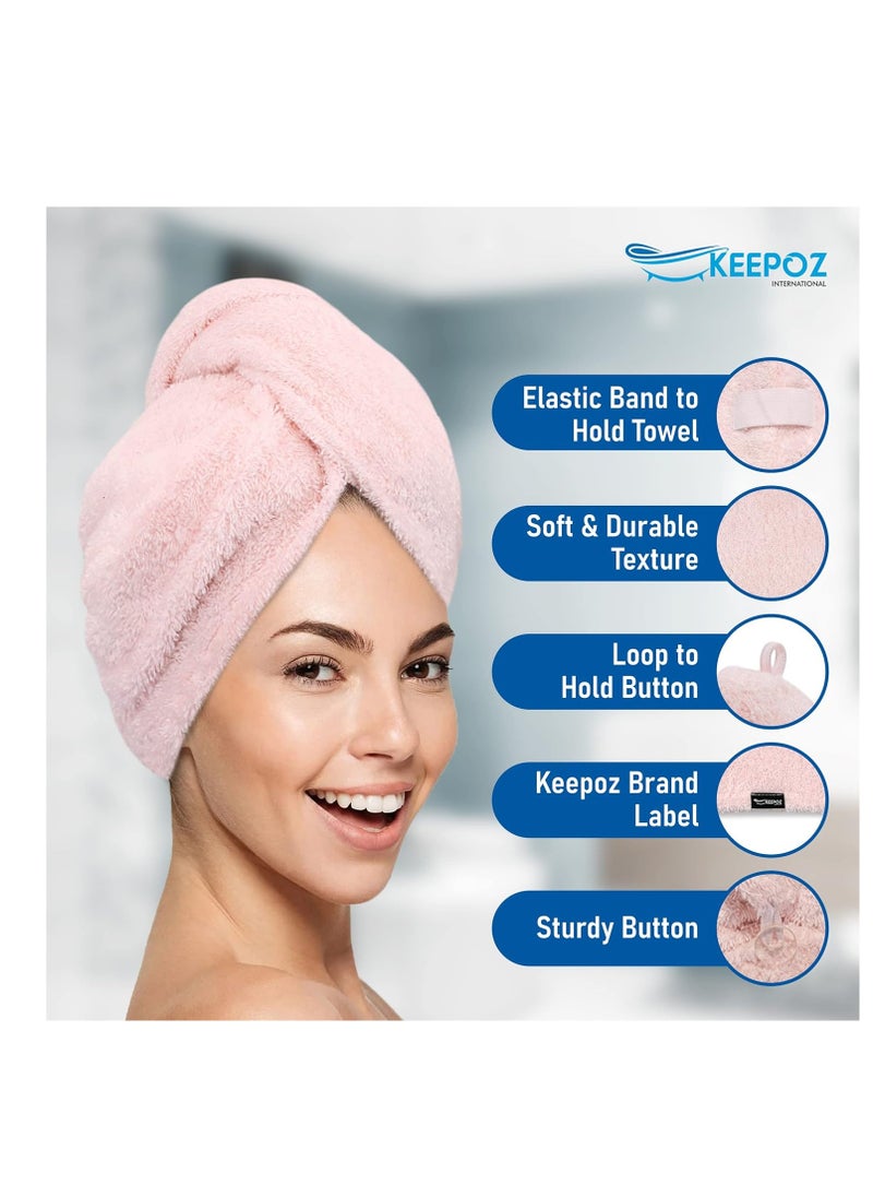 KEEPOZ Hair Towel Wrap Quick Dry 100% Cotton Super Absorbent Turban Head Wrap for Women with Button, Non Microfiber Anti Frizz Hair Products, Hair Cap for Curly, Long & Thick Hair (Pink, 1 Pc)