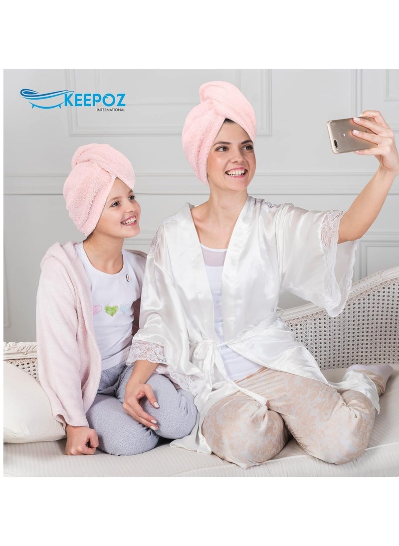 KEEPOZ Hair Towel Wrap Quick Dry 100% Cotton Super Absorbent Turban Head Wrap for Women with Button, Non Microfiber Anti Frizz Hair Products, Hair Cap for Curly, Long & Thick Hair (Pink, 1 Pc)