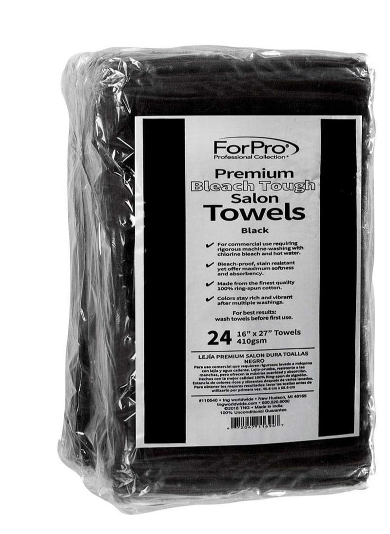 ForPro Professional Collection Premium Bleach Tough Salon Towels, Black, 100% Cotton, Bleach-Proof Towels, Stain Resistant, 16