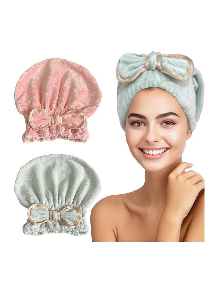 Jseng Microfiber Hair Towel Caps for Women with Cute Bowtie, 2Packs Fast Drying Hair Towel Caps for Curly Long Wet Hair Anti Frizz