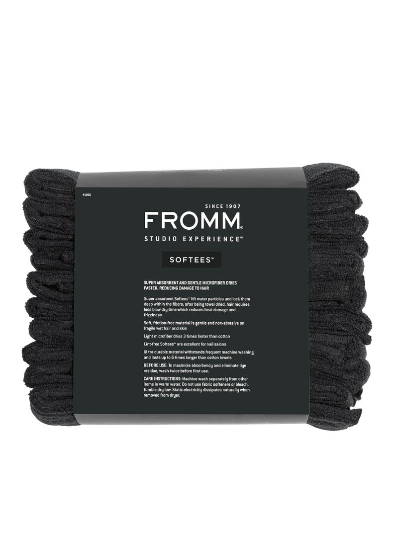 Fromm Softees Microfiber Salon Hair Towels for Hairstylists, Barbers, Spa, Gym in Black, 16