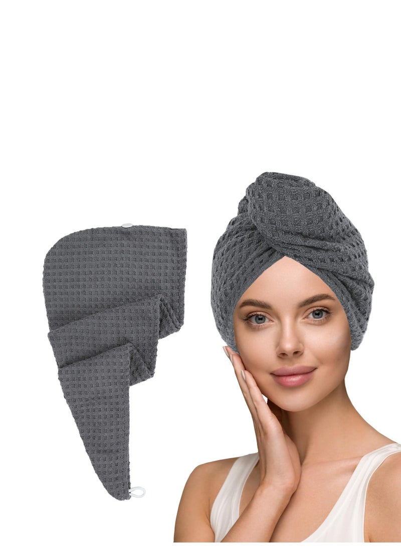 Hair Towel Terry Cloth Absorbent Dry Anti Frizz Twist Plopping Curly Shower for Women Wet Hair 1Pack Grey Waffle Long Hair Head Wraps Quick Dry Hair Drying Towels Button