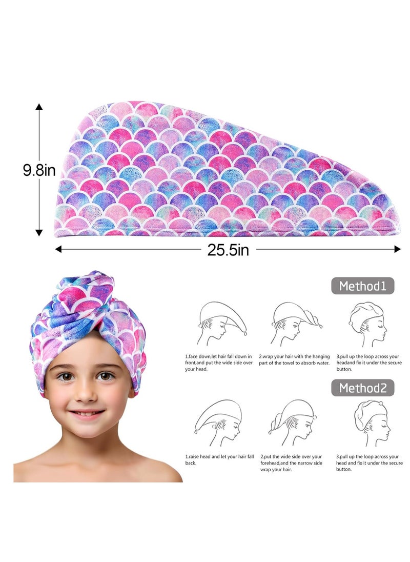 MADHOLLY Microfiber Hair Towel for Kids Gift - Soft Super Absorbent Rapid Drying Hair Towel Wrap Turban for Girls Women with Button, Anti-Frizz for Thicker Curly Long Hair, 2Pack