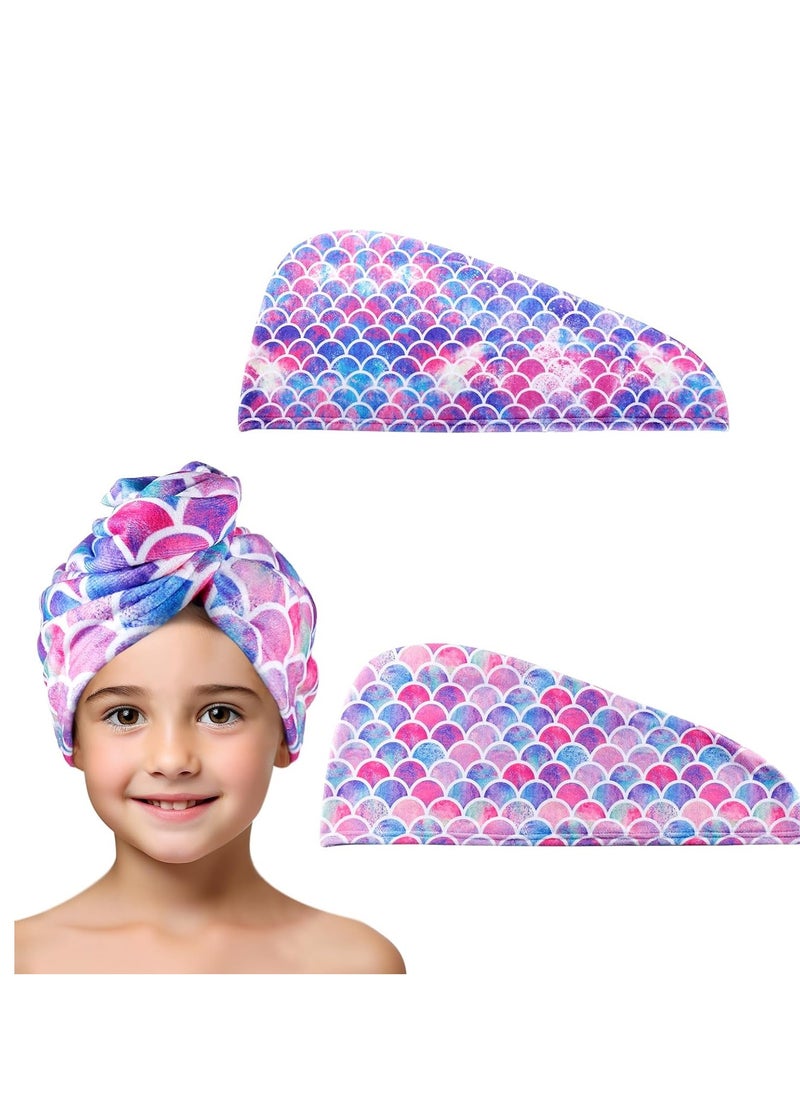 MADHOLLY Microfiber Hair Towel for Kids Gift - Soft Super Absorbent Rapid Drying Hair Towel Wrap Turban for Girls Women with Button, Anti-Frizz for Thicker Curly Long Hair, 2Pack