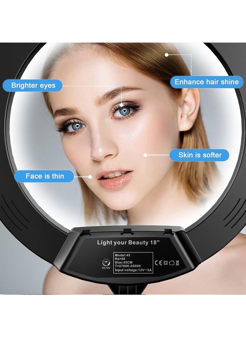 18-Inch Dimmable Ring Light with 3 Phone Holders for Photography, YouTube, and Makeup Lighting