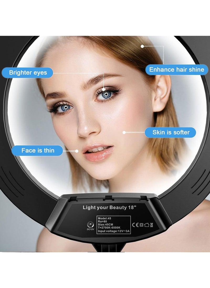 18-Inch Dimmable Ring Light with 3 Phone Holders for Photography, YouTube, and Makeup Lighting