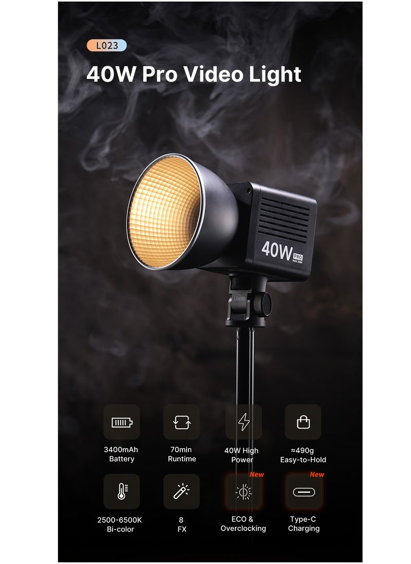 L023 40W Pro Portable LED Video Light Bi-Color COB Photographic Studio Light 2500K-6500K 3400mAh for Video Livestreaming