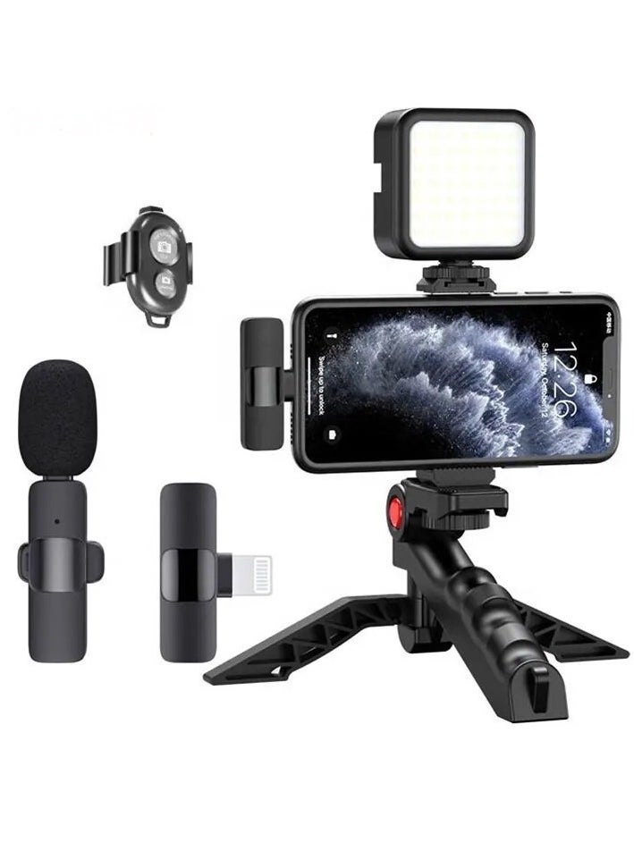 Professional Vlogging Kit – Remote Control, Foldable Tripod, LED Lamp, & Wireless Lavalier Microphone for iPhone