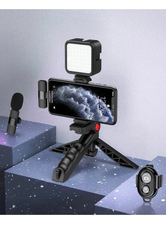 Professional Vlogging Kit – Remote Control, Foldable Tripod, LED Lamp, & Wireless Lavalier Microphone for iPhone