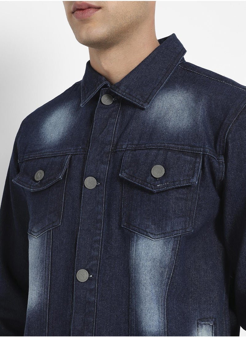 Men's Navy Blue Dark-Wash Denim Jacket With Button-Closure