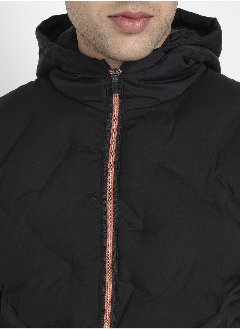 Men's Black Puffer Jacket With Contrast Zipper