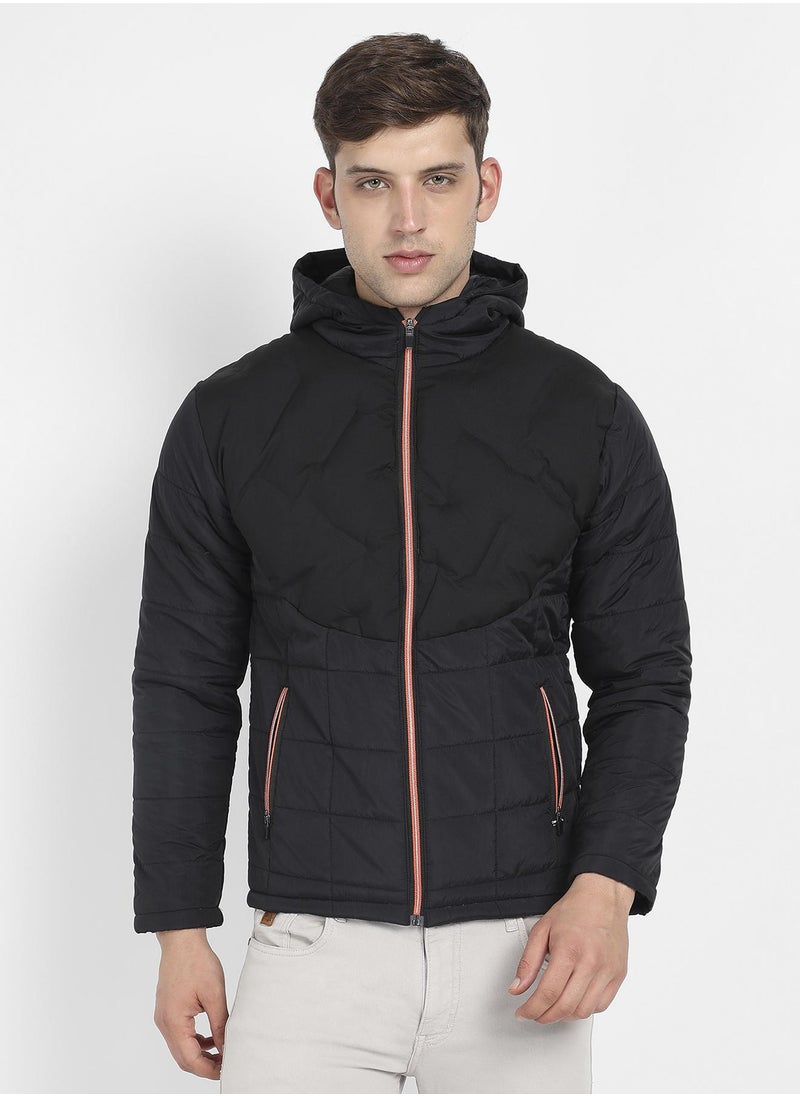 Men's Black Puffer Jacket With Contrast Zipper