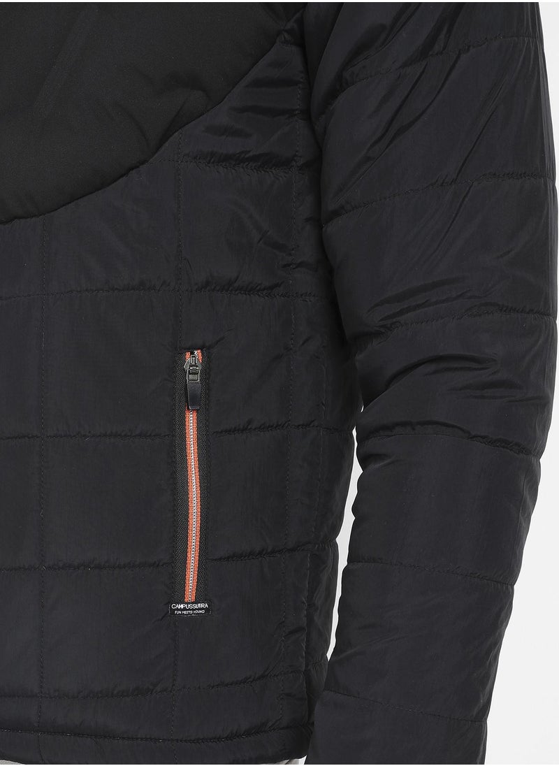 Men's Black Puffer Jacket With Contrast Zipper