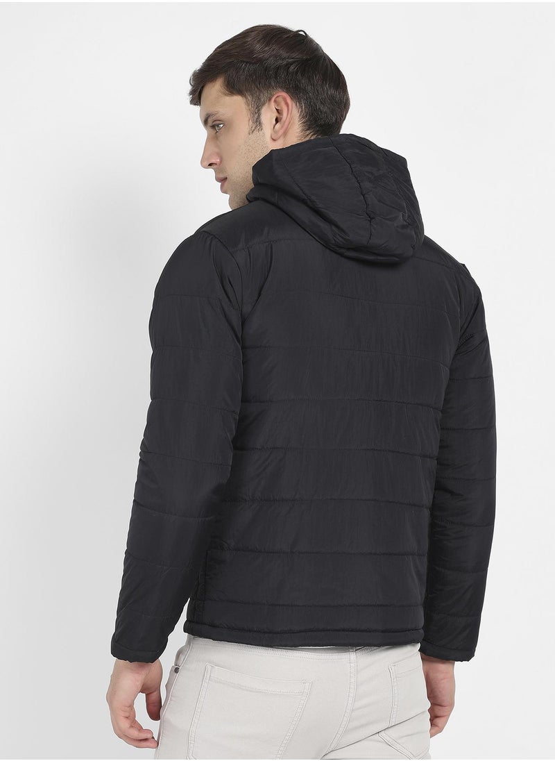 Men's Black Puffer Jacket With Contrast Zipper