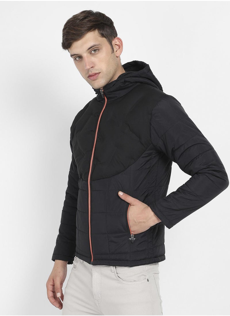 Men's Black Puffer Jacket With Contrast Zipper