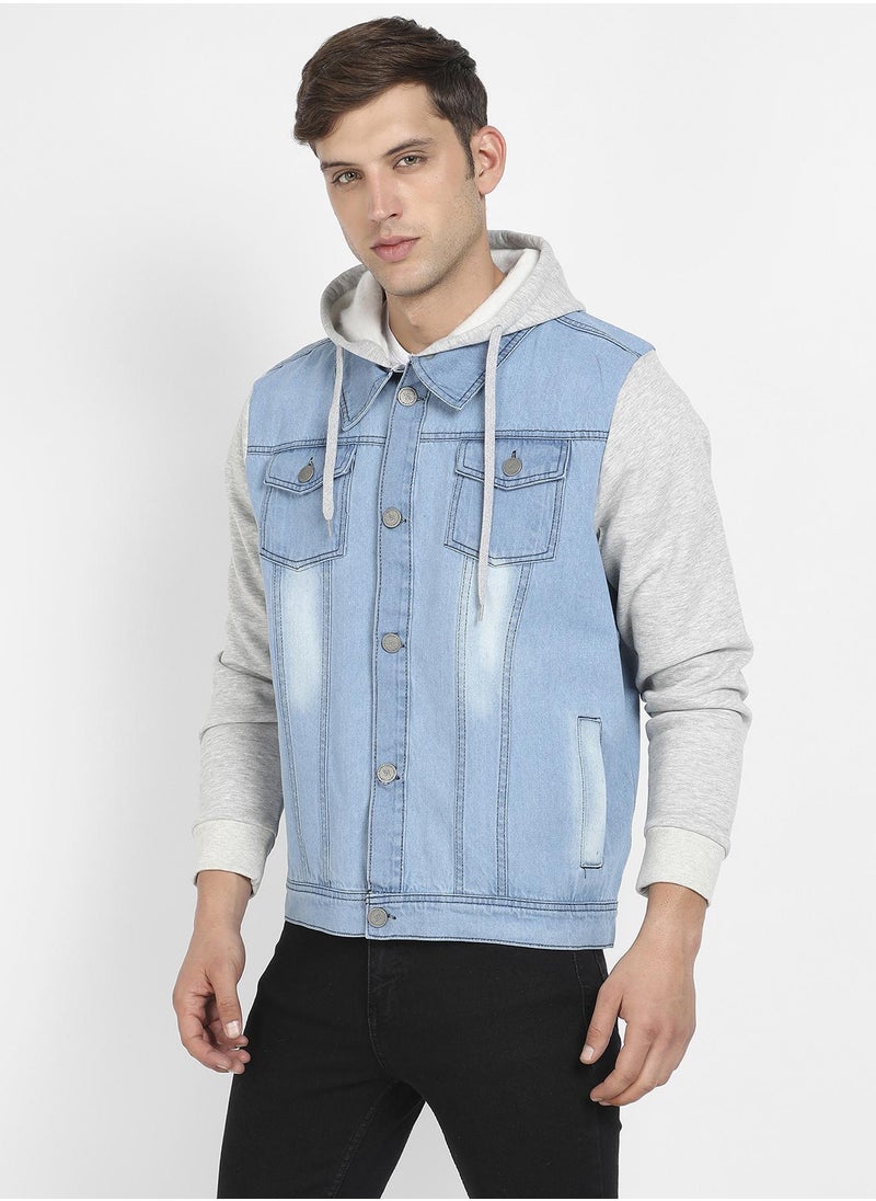 Men's Blue & Grey Light-Wash Denim Jacket With Sweatshirt Sleeve