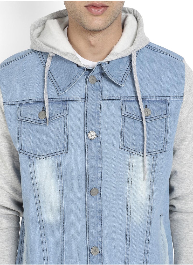 Men's Blue & Grey Light-Wash Denim Jacket With Sweatshirt Sleeve