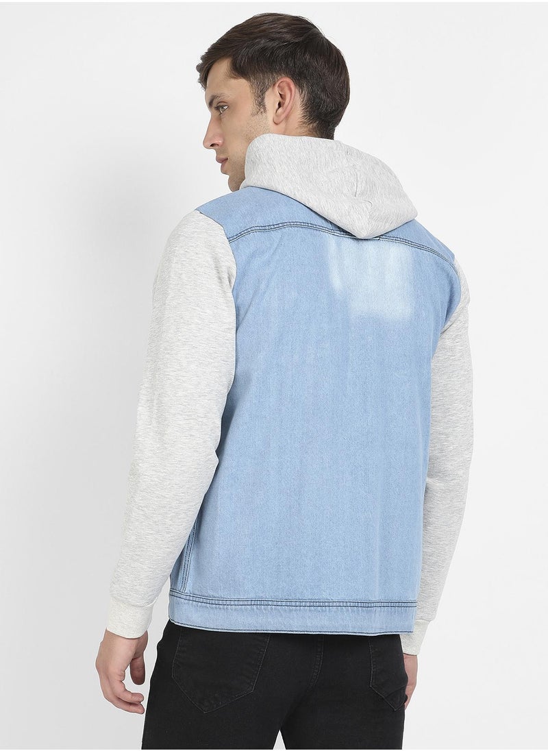 Men's Blue & Grey Light-Wash Denim Jacket With Sweatshirt Sleeve