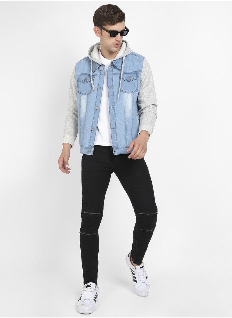 Men's Blue & Grey Light-Wash Denim Jacket With Sweatshirt Sleeve