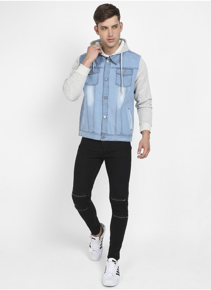 Men's Blue & Grey Light-Wash Denim Jacket With Sweatshirt Sleeve