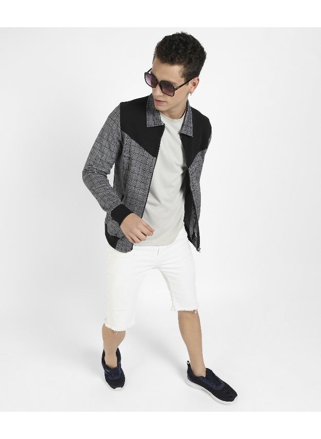 Men's Grey Zip-Front Graph Checkered Jacket