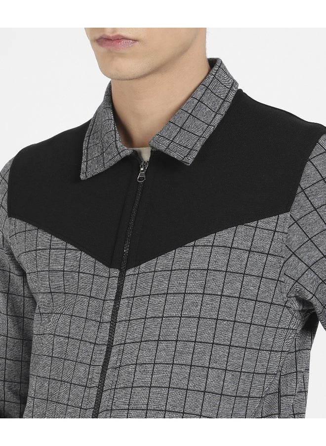 Men's Grey Zip-Front Graph Checkered Jacket