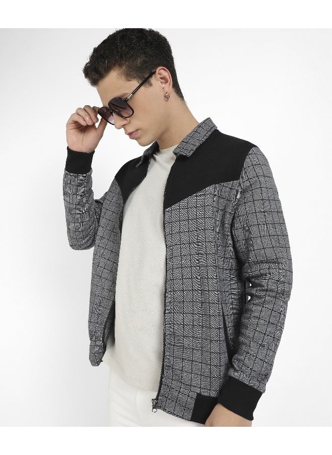 Men's Grey Zip-Front Graph Checkered Jacket