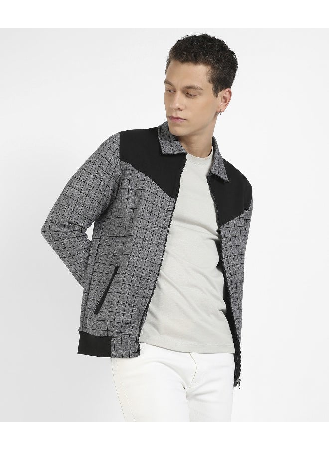 Men's Grey Zip-Front Graph Checkered Jacket