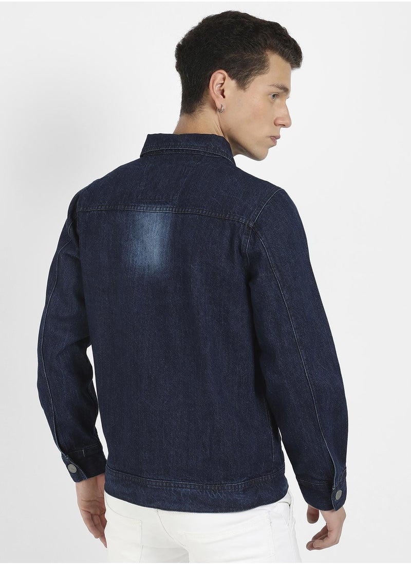 Men's Blue Medium-Wash Denim Jacket With Patch Pocket