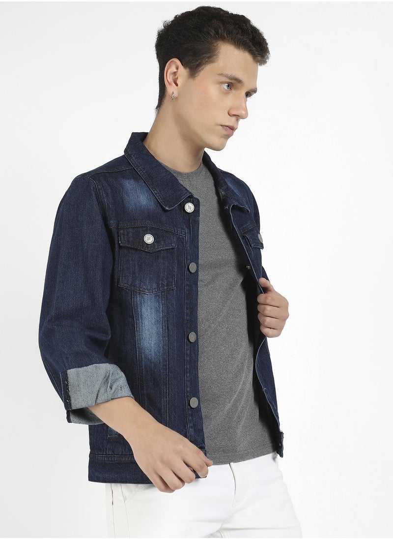 Men's Blue Medium-Wash Denim Jacket With Patch Pocket