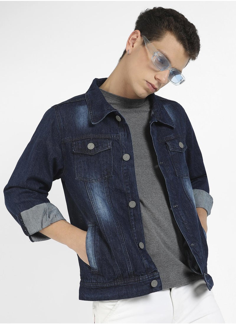 Men's Blue Medium-Wash Denim Jacket With Patch Pocket