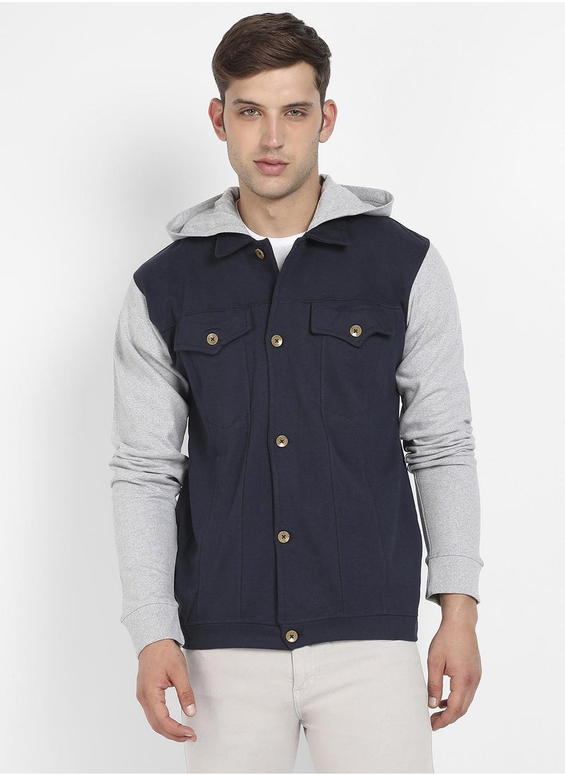 Men's Grey & Navy Blue Button-Front Jacket With Contrast Detail