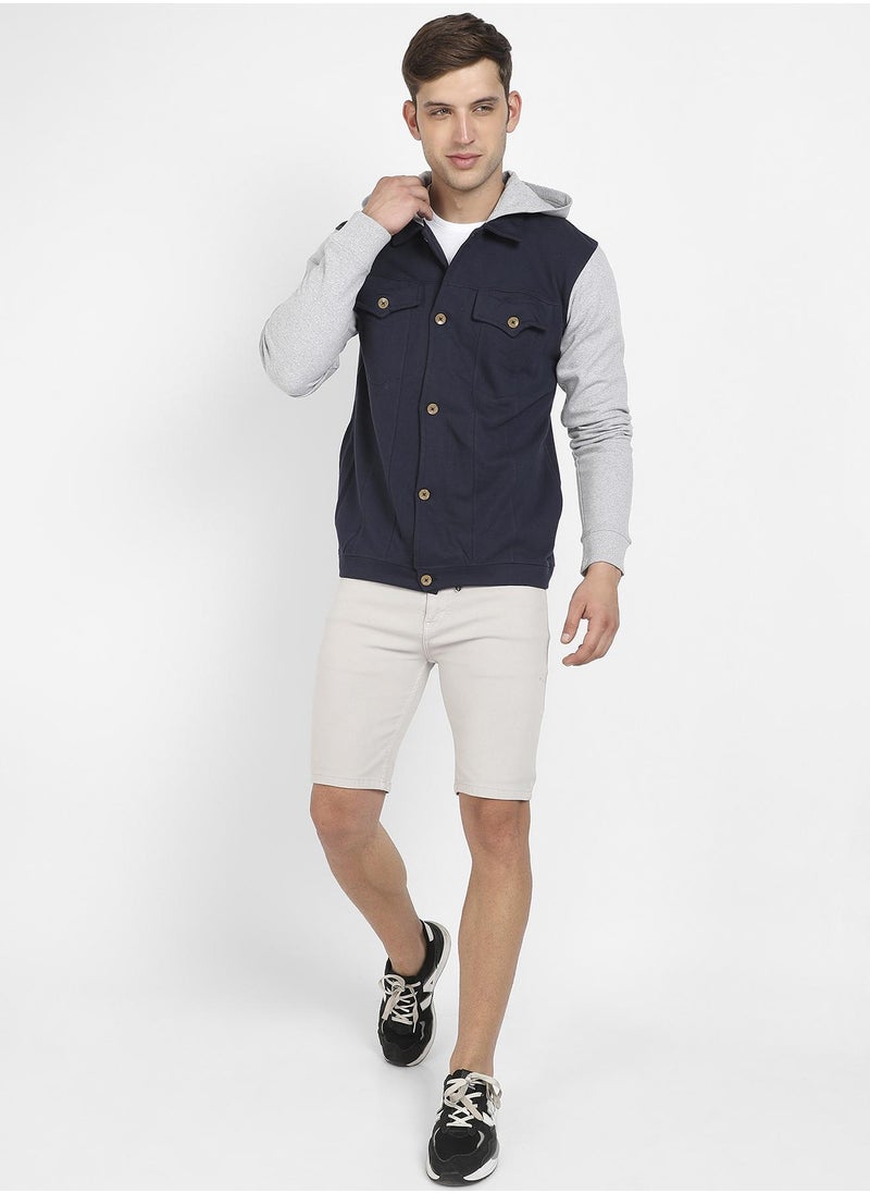 Men's Grey & Navy Blue Button-Front Jacket With Contrast Detail