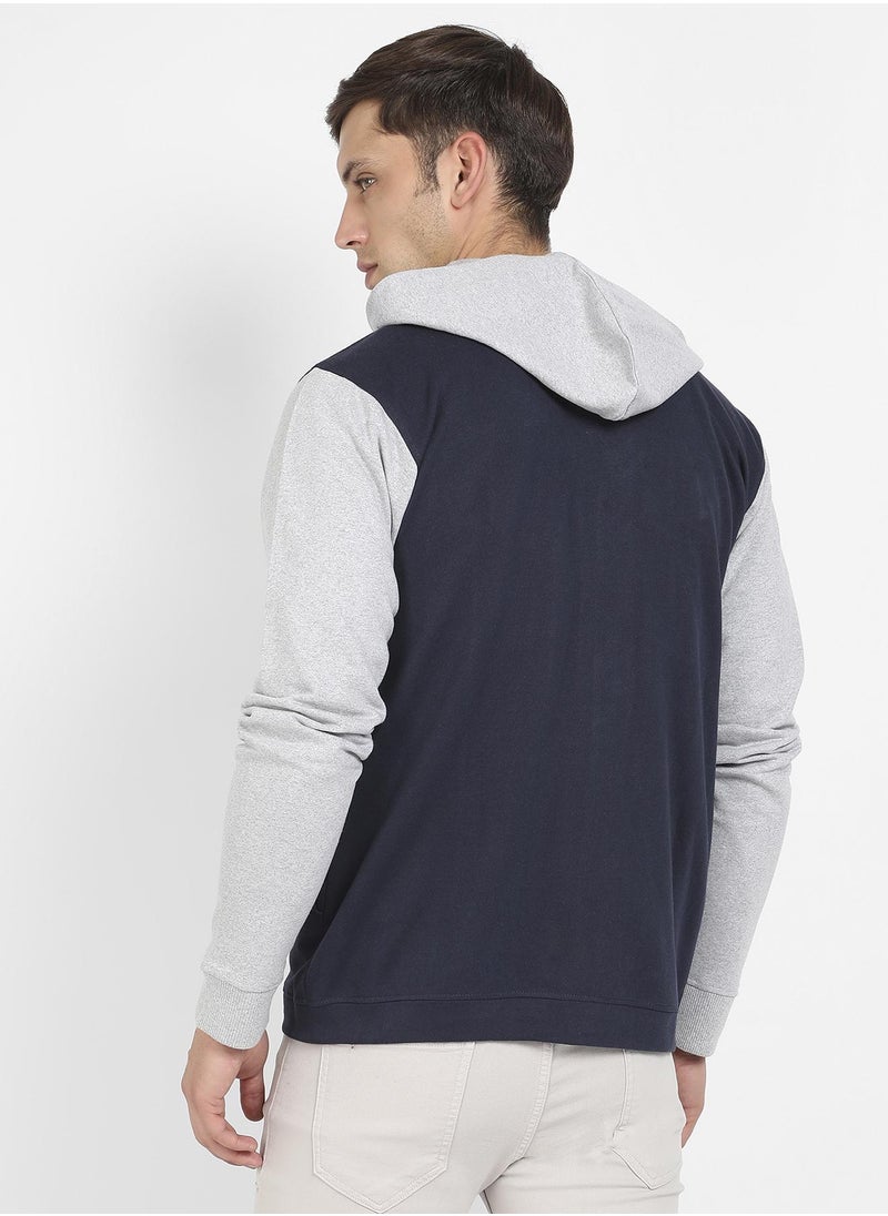 Men's Grey & Navy Blue Button-Front Jacket With Contrast Detail