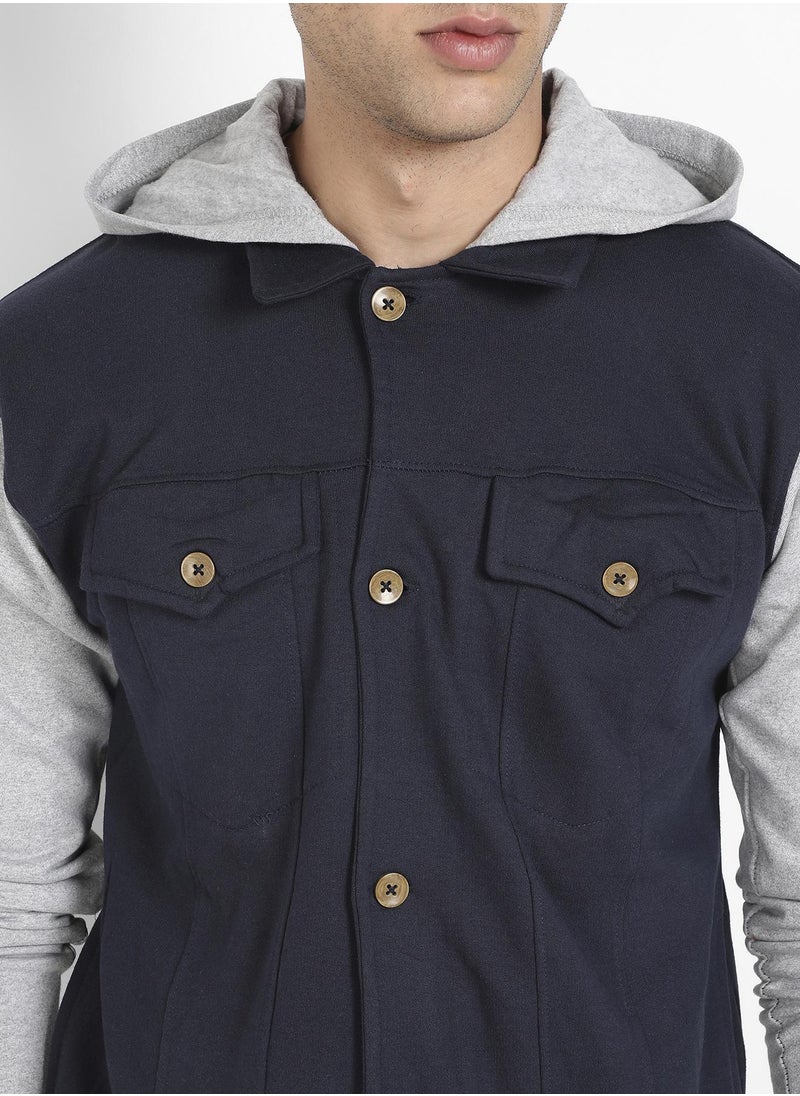 Men's Grey & Navy Blue Button-Front Jacket With Contrast Detail