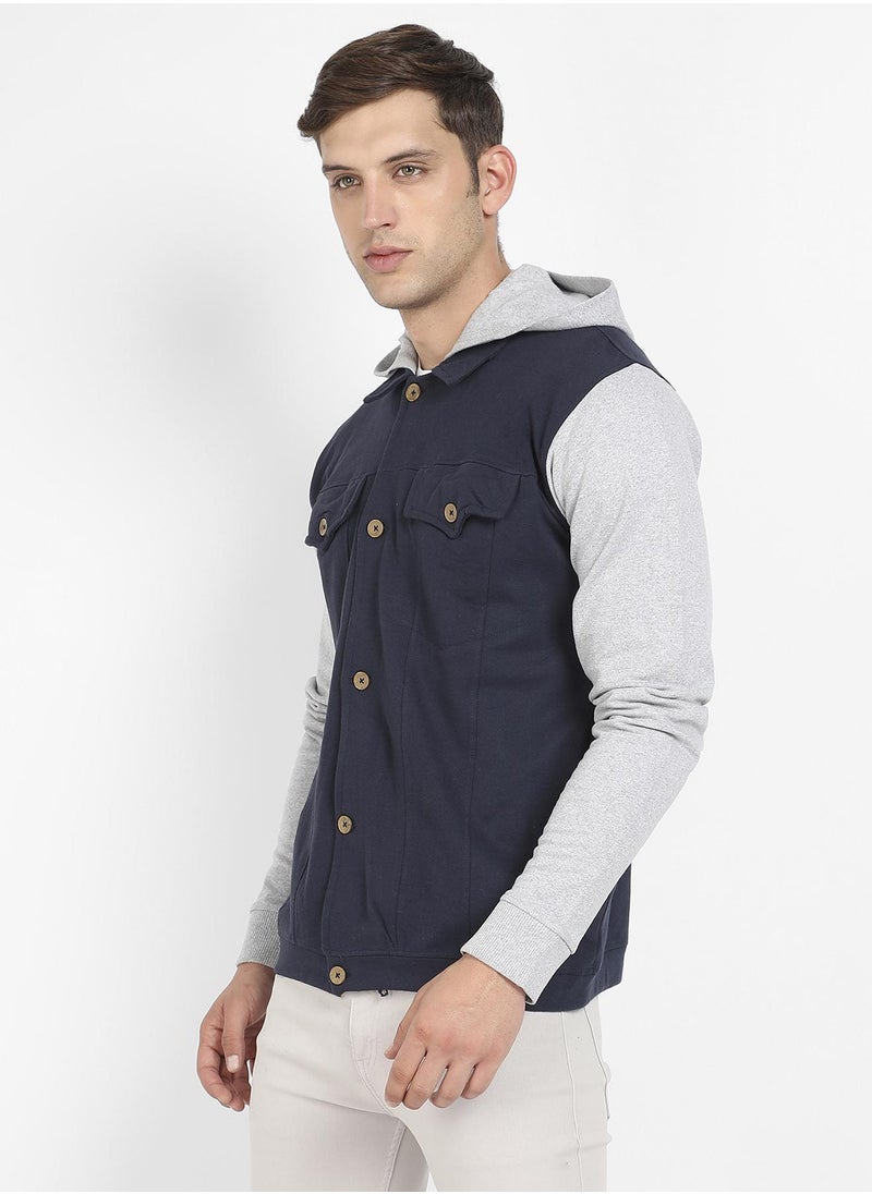 Men's Grey & Navy Blue Button-Front Jacket With Contrast Detail