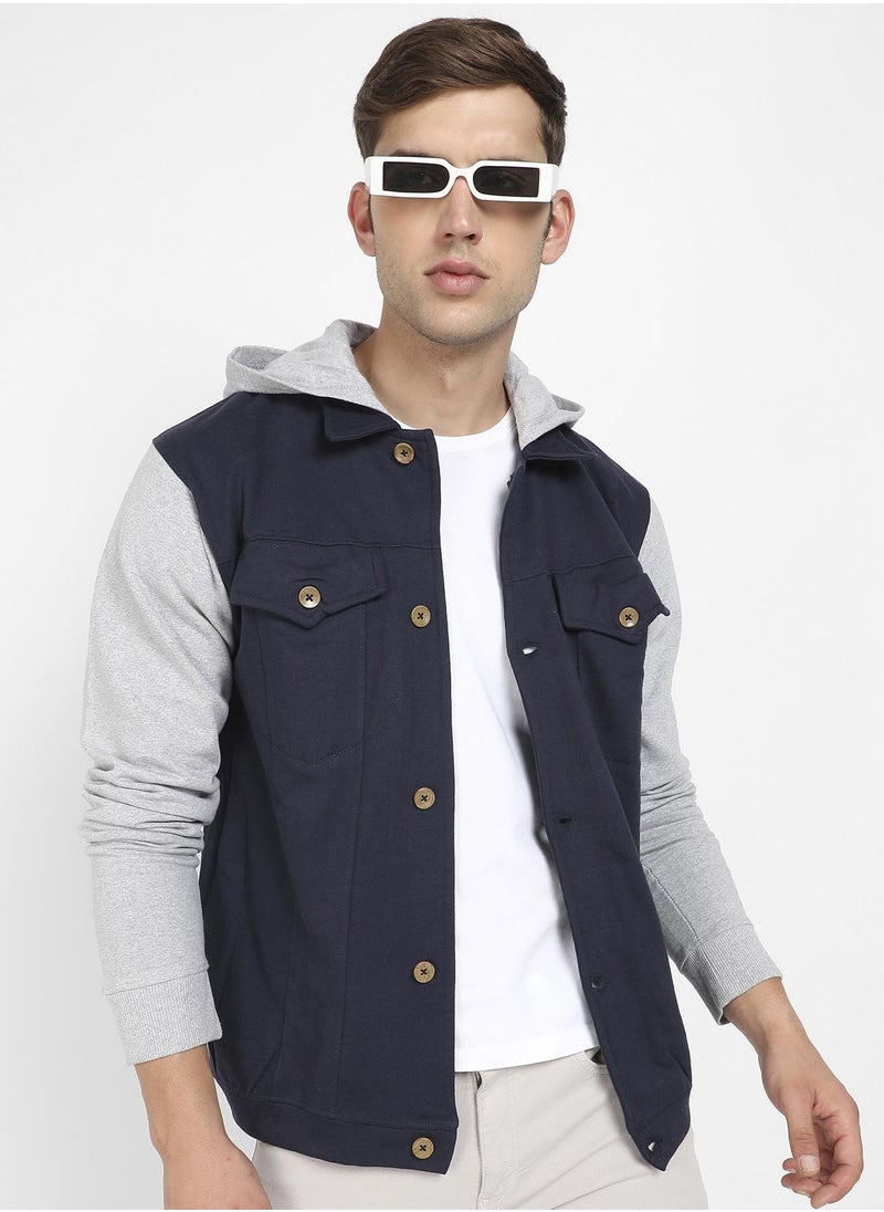 Men's Grey & Navy Blue Button-Front Jacket With Contrast Detail