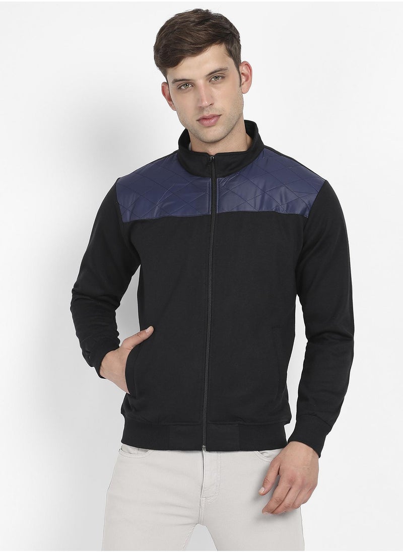 Men's Black & Blue Zip-Front Jacket With Quilted Detail