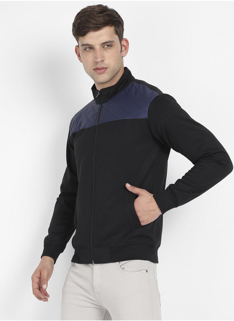 Men's Black & Blue Zip-Front Jacket With Quilted Detail