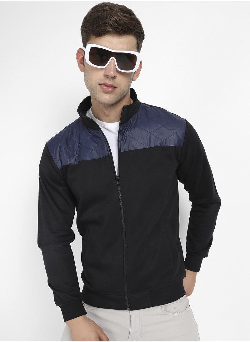 Men's Black & Blue Zip-Front Jacket With Quilted Detail