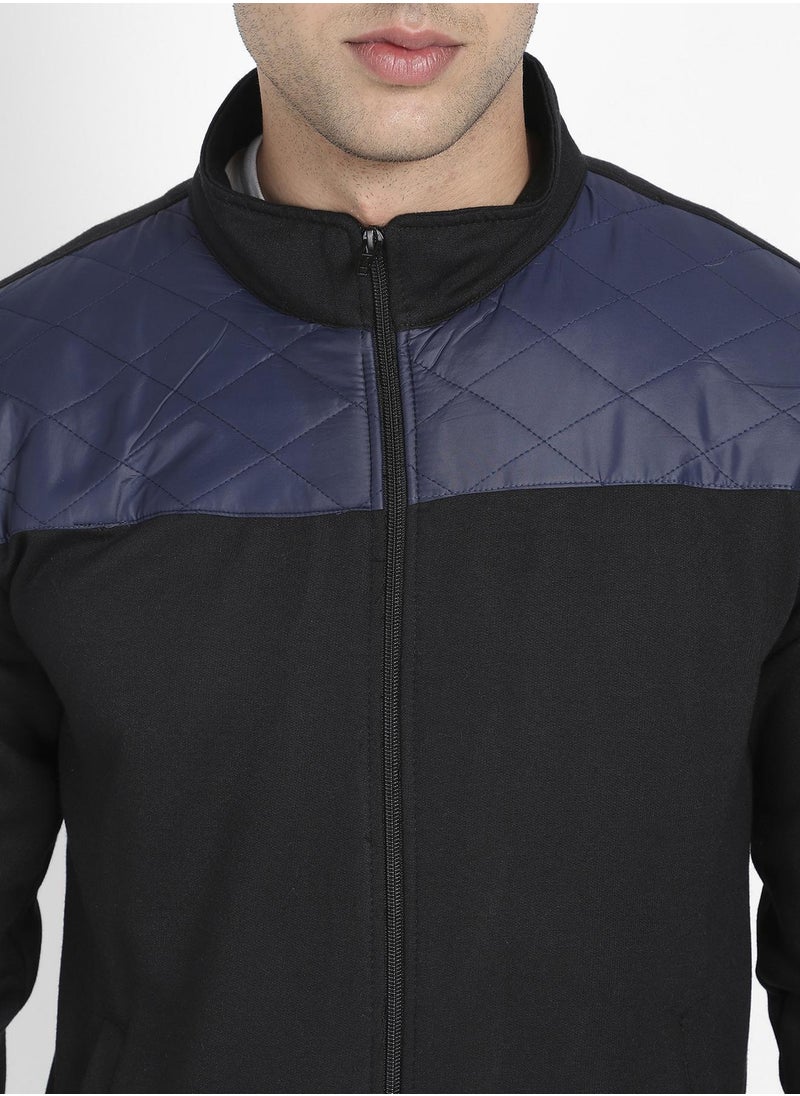 Men's Black & Blue Zip-Front Jacket With Quilted Detail