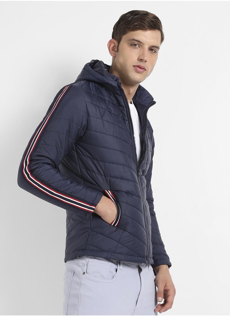 Men's Dark Blue Quilted Puffer Jacket With Contrast Striped Sleeve