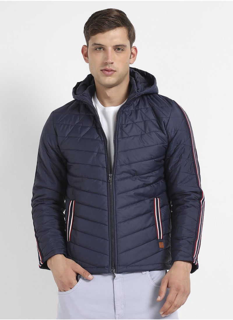 Men's Dark Blue Quilted Puffer Jacket With Contrast Striped Sleeve